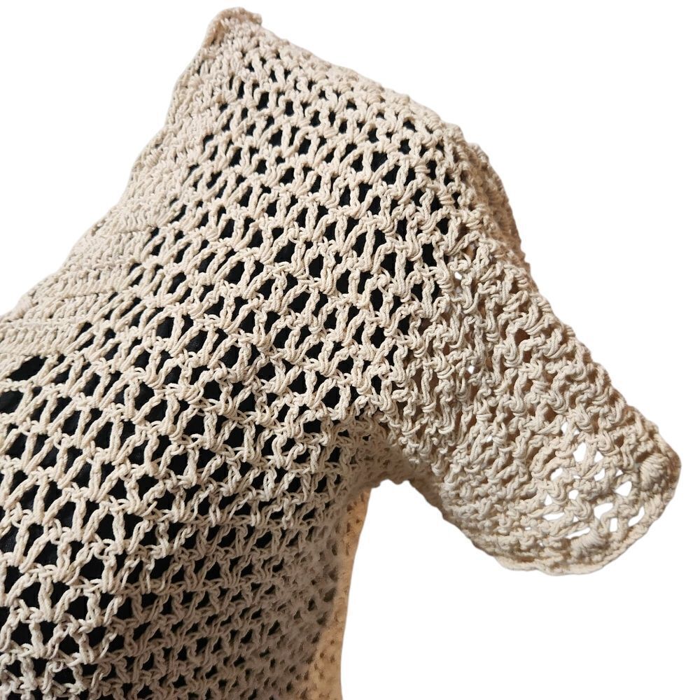 Vintage Crochet Shirt S M Cardigan Ivory Ecru Doily Scallop Loose Weave V Neck - Picture 9 of 10